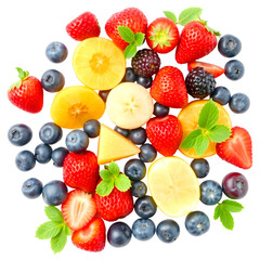 Colorful mix of fresh fruits and berries on a transparent background
