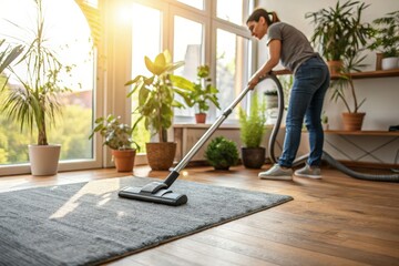 Fototapeta premium Woman Cleaning Living Room With Vacuum During Sunny Day Generative AI