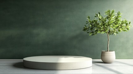 Modern minimalist room with plant and podium.  Ideal for product display