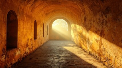 Sunlit stone passageway, arched entry, aged walls