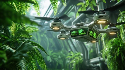 Drone In Lush Green Jungle Environment With Technology