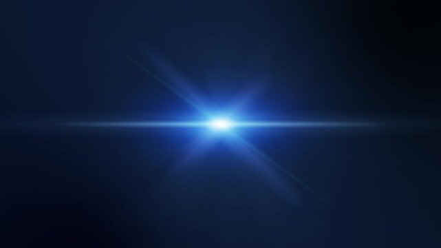 Abstract center flickering blue glow star optical flare shine light ray animation on black background.