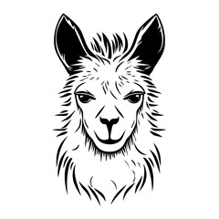 A simple yet detailed silhouette of a llama's head, highlighting its distinctive ears, snout, and woolly texture. Ideal for farm animal designs, South American wildlife illustrations, logo designs