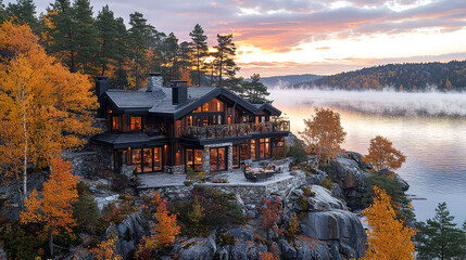 Obraz premium Spectacular Lakefront Autumn House: Luxury Log Cabin nestled in the fall foliage, offering breathtaking views and serene ambiance.