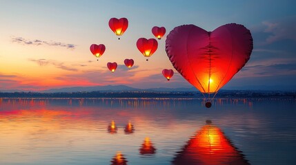 Fototapeta premium Romantic Heart-Shaped Hot Air Balloons Soaring Over a Serene Lake at Sunset