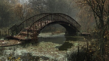 Fototapeta premium A serene view of a rusty bridge amidst a fall landscape shrouded in mist