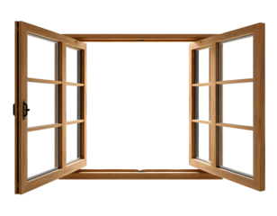 An open wooden window with transparent background