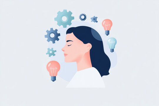 abstract flat design illustration representing dynamic brainstorming session utilizing bright and varied colors featuring