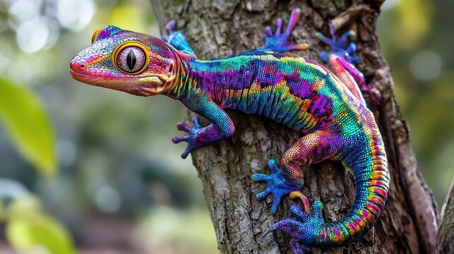 Colorful gecko on a tree bark with vibrant scales showcasing rainbow hues and intricate patterns