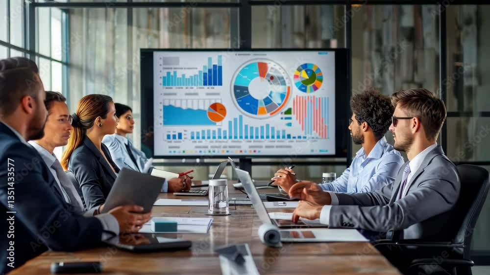 Poster in a modern conference room, professionals discuss data analytics, sharing insights on a large scree