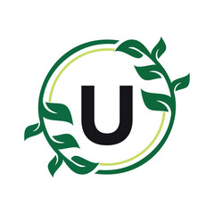 Leaf Circle Logo combine with letter U vector template