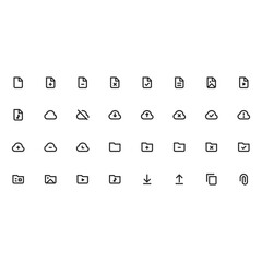 Digital Document Icons: A collection of minimalist line icons representing digital documents, clouds, and data management elements, offering versatility for digital interfaces. 
