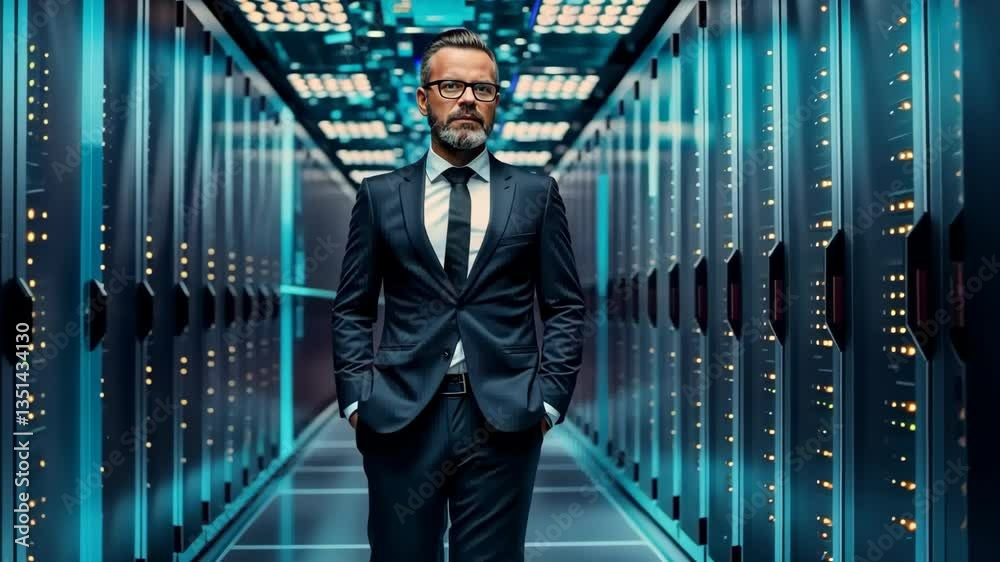 Aufkleber a determined businessman walks purposefully through a sleek data center filled with server racks, hi