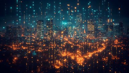 Fototapeta premium City lights, digital rain