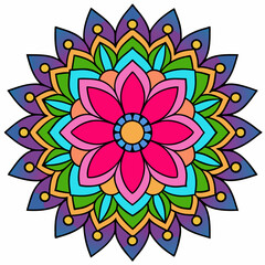 A complex, symmetrical pattern of geometric forms and vivid colors characterizes an eye-catching mandala design.