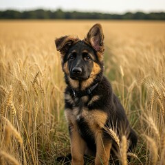 Fototapeta premium Adorable German Shepherd Puppy Sitting in a Sunny Flower Field – Cute Intelligent Dog