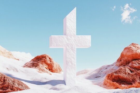 Ascension of Faith: A stark, pristine cross, a symbol of faith and hope, stands majestically amidst a serene, slightly surreal landscape of rocky formations and soft snowy textures. - Powered by Adobe