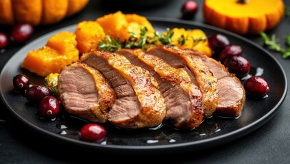 Sliced roasted duck with side dishes and cranberry garnish presented on a plate