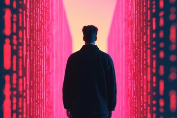 Person Standing Between Digital Data Walls at Sunset
