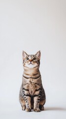 Beautiful Bengal cat is sitting on a white background. Looking forward. The cat's eyes are wide open, giving it a curious and alert appearance . Copy space . 