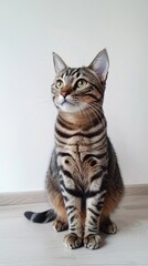 Beautiful Bengal cat is sitting on a white background. Looking forward. The cat's eyes are wide open, giving it a curious and alert appearance . Copy space . 