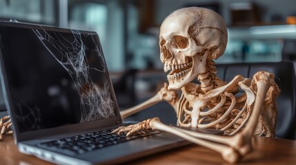 Skeleton is sitting on a laptop, with its head on the keyboard. The skeleton appears to be using the laptop, possibly typing or browsing the internet. The scene has a creepy and eerie mood