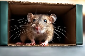 Small brown mouse is standing in a cardboard box. The mouse is looking at the camera with a curious expression