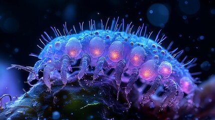 Obraz premium A newly discovered microorganism thriving in extreme conditions, glowing under infrared light 