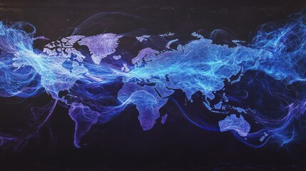 Fototapeta premium World map with glowing energy streams. Abstract global connectivity. Possible use stock photo for presentations on global communications, technology, or the future