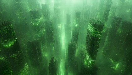 Futuristic green city, dense skyscrapers, mist