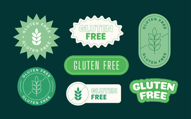 Set of gluten free label designs in flat and line style. Gluten free stickers with wheat symbol. Vector illustration