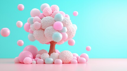 Colorful Cotton Candy Tree with Pastel Balls on Blue Background