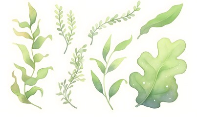 Obraz premium pastel green seaweed illustrations, for kids, watercolor, Generative AI