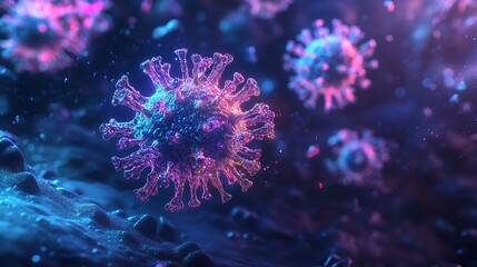 A glowing virus particle with intricate surface spikes floating in a dark microscopic environment 