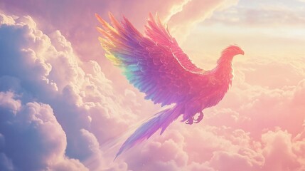 Colorful phoenix soaring through pastel pink and white clouds in the sky