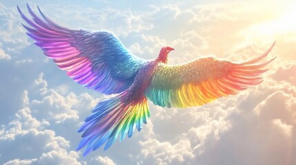 Obraz premium Rainbow Feathered Bird Soaring in a Sky of Clouds with Bright Sunlight in Background