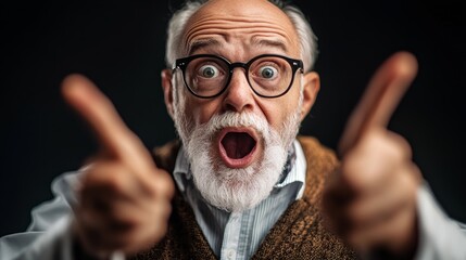 Man with glasses and a beard is making a thumbs up gesture. He is wearing a brown vest and a white shirt