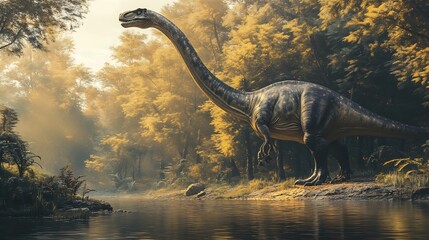 Naklejka premium Towering Tazoudasaurus wandering along an ancient riverbank its long neck reaching for the treetops The scene is bathed in soft golden light creating a tranquil timeless atmosphere