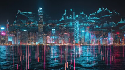 Vibrant Cityscape with Financial Graphs Overlay
