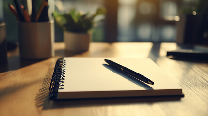 empty notepad resting on a wooden table with a pen and plants  