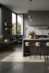 Modern, minimalist kitchen with large windows