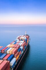 cargo ship laden with large shipping containers captured in early light of sunrise at bustling sea port