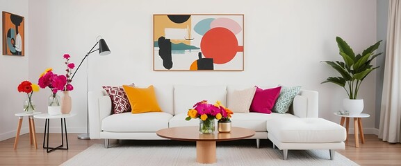 bright and colorful modern living room interior with sofa and art