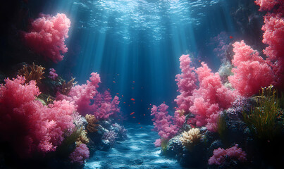Obraz premium Sunbeams illuminate vibrant coral reef, showcasing diverse marine life and underwater landscape