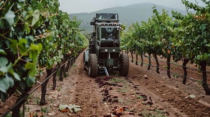 Automated grape harvester working in a vineyard, collecting grapes efficiently