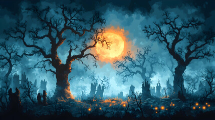 Eerie night scene with a large orange moon illuminating a spooky forest with bare trees and glowing lights