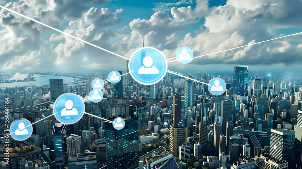 Poster A dynamic aerial view of a bustling city skyline illustrating interconnected user icons, symbolizing the integration of technology and communication in business and transportation.