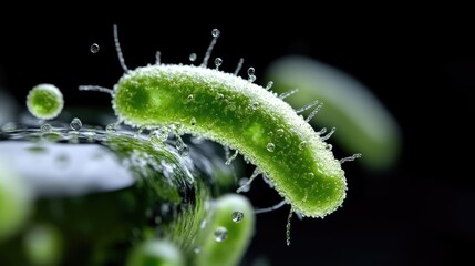 Naklejka premium Close-up view of a green rod-shaped microorganism, likely a bacterium, with detailed structure and water droplets