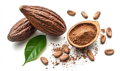 Cocoa Pods and Powder with Beans on a White Background