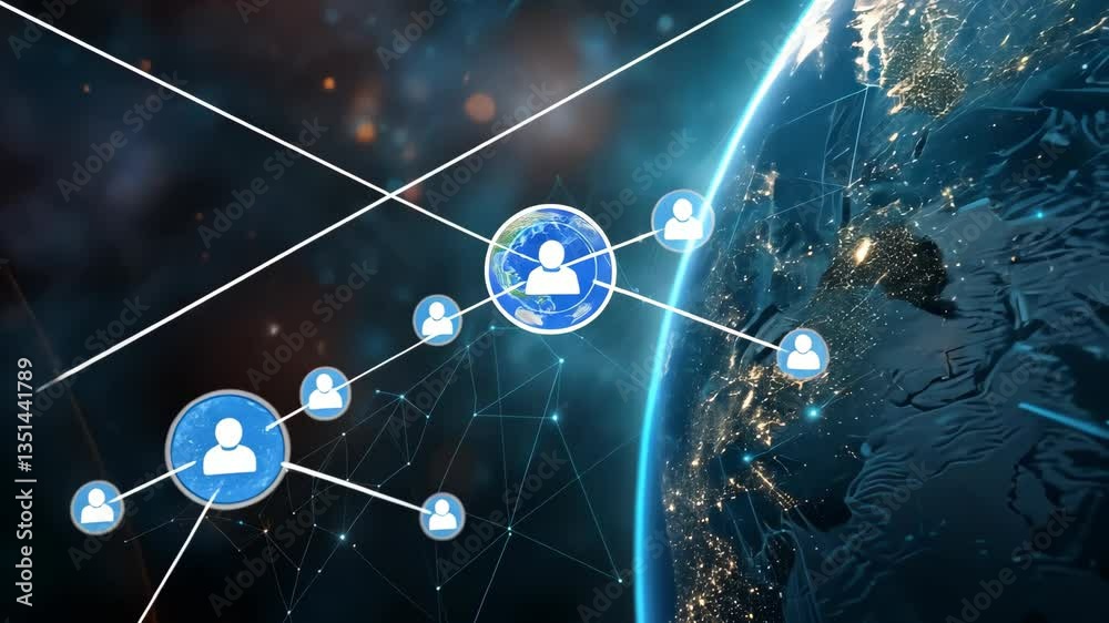 Poster this illustration shows the interconnectedness of user profiles on a digital globe, emphasizing the 